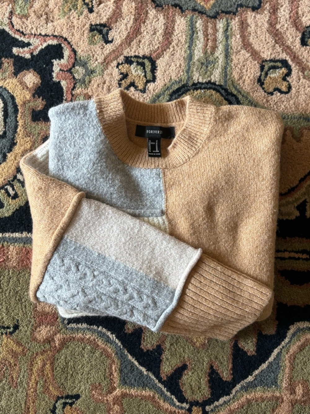 Forever 21 Patchwork Crewneck Sweater - Beige, Light Gray cable knit, Cream - Picture 4 of 4